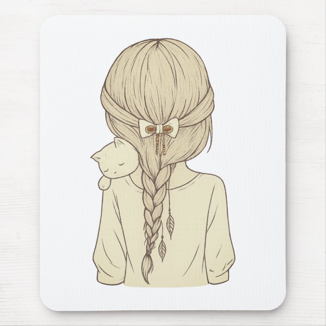 Girl with Braid and Cat Illustration – Soft Pastel Mouse Mat (Front)