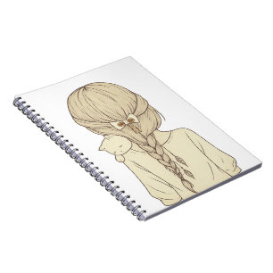 Girl with Braid and Cat Illustration – Soft Pastel Notebook