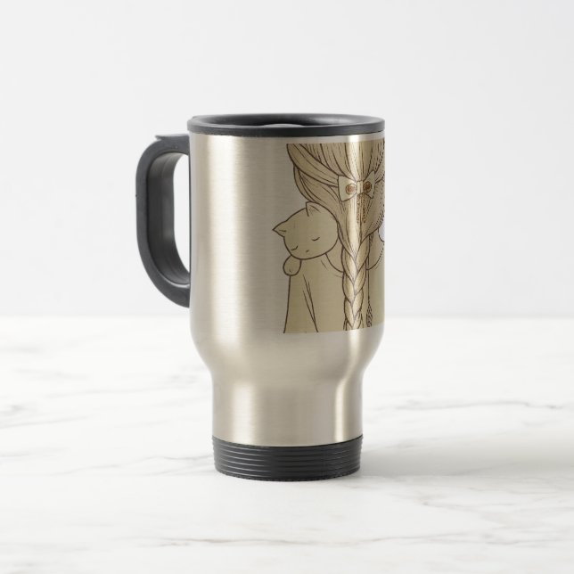 Girl with Braid and Cat Illustration – Soft Pastel Travel Mug (Front Left)