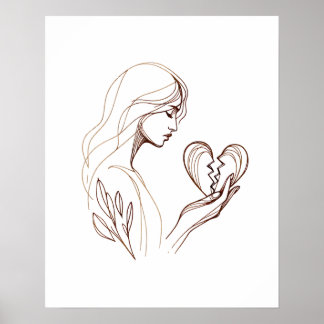 Girl with Broken Heart - Drawing Line Art Poster