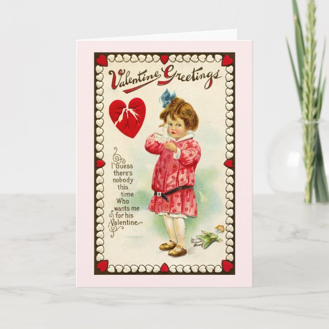 Girl with Broken Heart Vintage Valentine Holiday Card (Front)