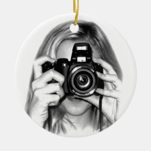 Girl with camera ceramic tree decoration