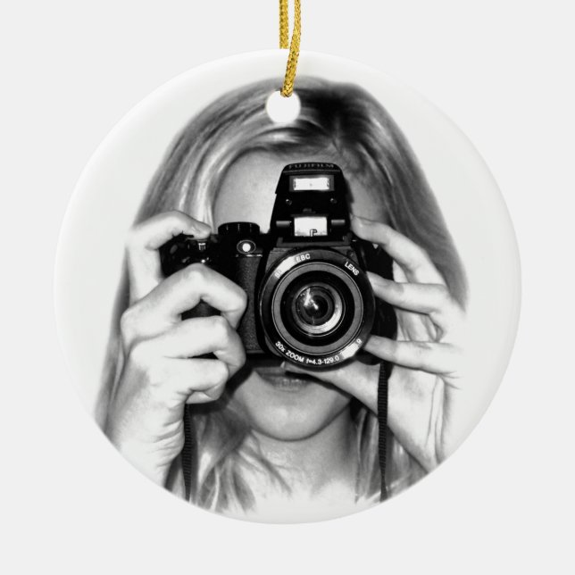 Girl with camera ceramic tree decoration (Front)