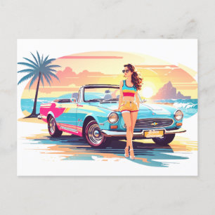 Girl with car and dream nature postcard