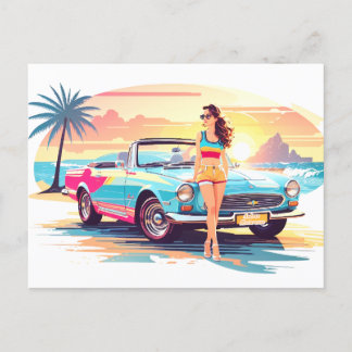 Girl with car and dream nature postcard
