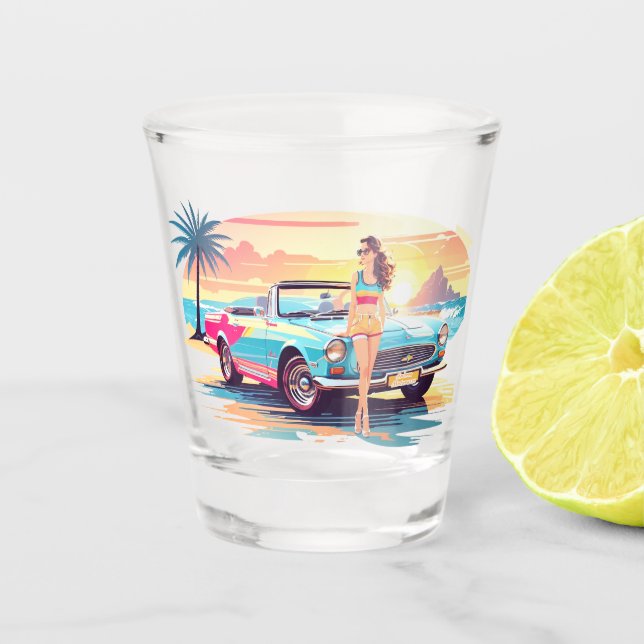 Girl with car and dream nature shot glass (Front)