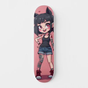Girl with cartoon-style tattoos skateboard