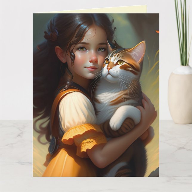 GIRL WITH CAT CATS ART BIRTHDAY greeting Cards (Front)