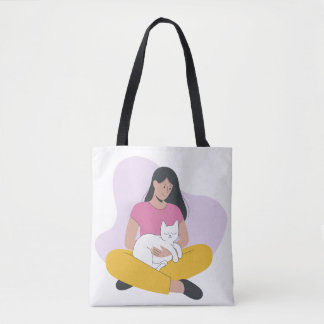 Girl with Cat – Cute Minimalist Cat Lover Tote