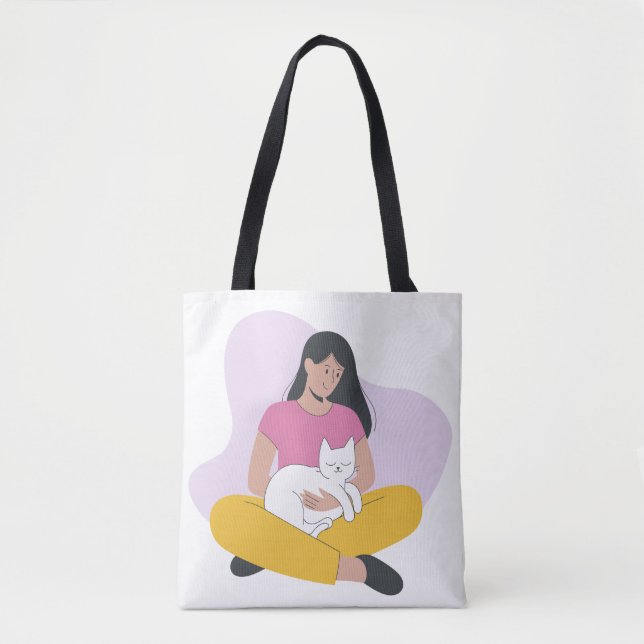 Girl with Cat – Cute Minimalist Cat Lover Tote (Front)