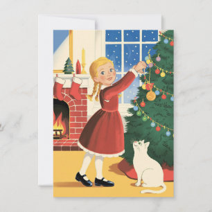 Girl with Cat Decorating Tree Vintage Christmas    Holiday Card