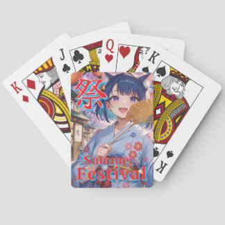 Girl with cat ears at the festival playing cards