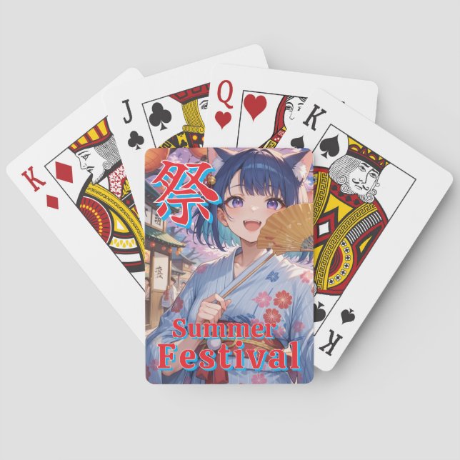 Girl with cat ears at the festival playing cards (Back)