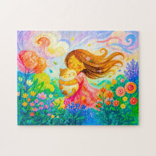 Girl with cat in breezy summer garden jigsaw puzzle