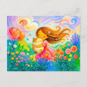 Girl with cat in breezy summer garden postcard