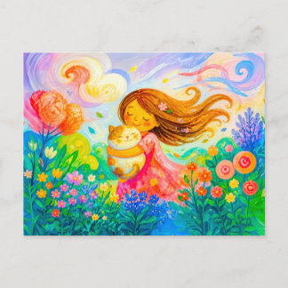 Girl with cat in breezy summer garden postcard