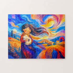 Girl with cat in flowing windy colours jigsaw puzzle