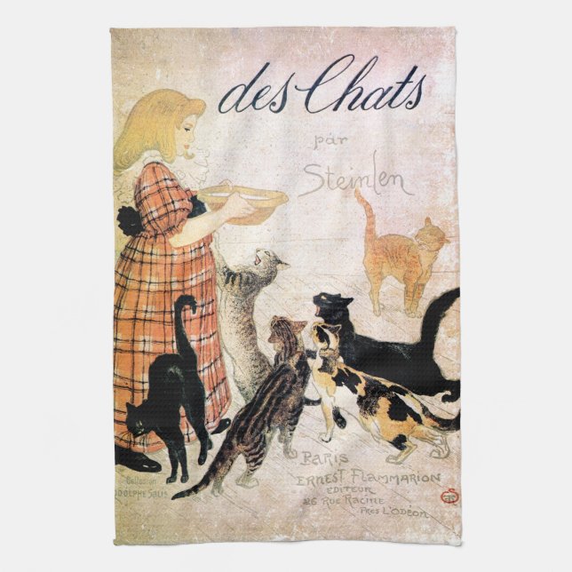 Girl with Cats, Alexandre Steinlen Tea Towel (Vertical)