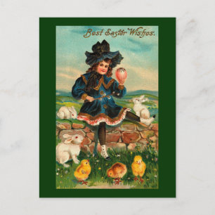 Girl with Chicks & Rabbits Vintage Easter Holiday Postcard