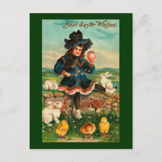 Girl with Chicks & Rabbits Vintage Easter Holiday Postcard