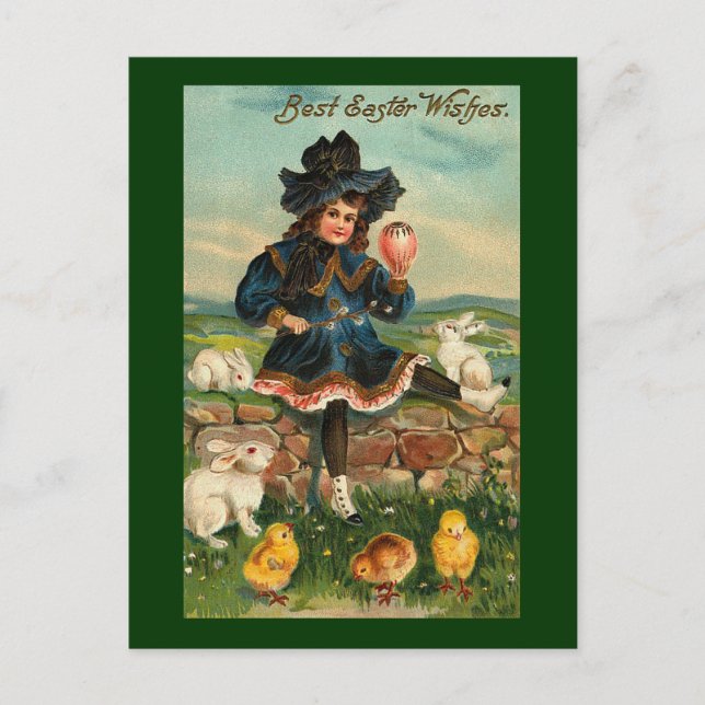 Girl with Chicks & Rabbits Vintage Easter Holiday Postcard (Front)