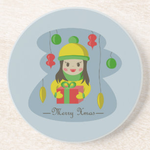 Girl with Christmas gift box Coaster