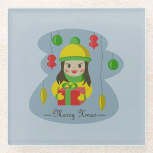 Girl with Christmas gift box Glass Coaster