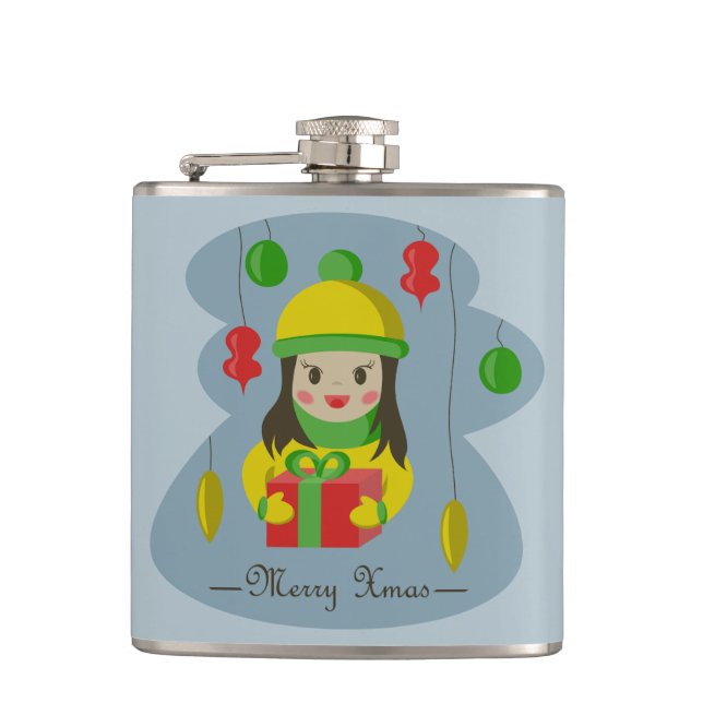 Girl with Christmas gift box  Hip Flask (Front)