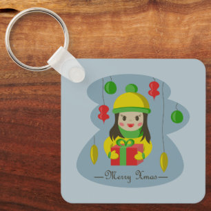 Girl with Christmas gift box  Key Ring