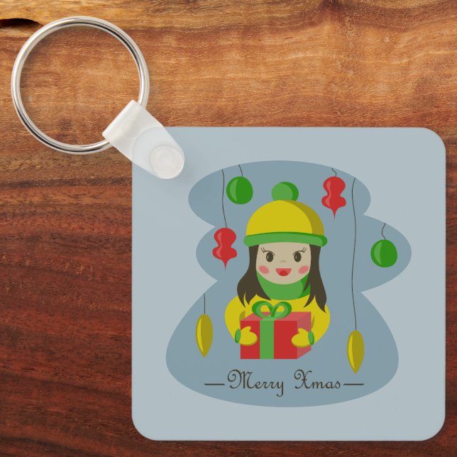 Girl with Christmas gift box  Key Ring (Front)