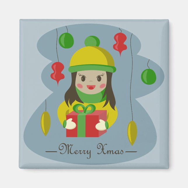 Girl with Christmas gift box  Magnet (Front)