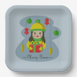 Girl with Christmas gift box Paper Plate