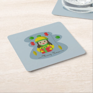 Girl with Christmas gift box Square Paper Coaster