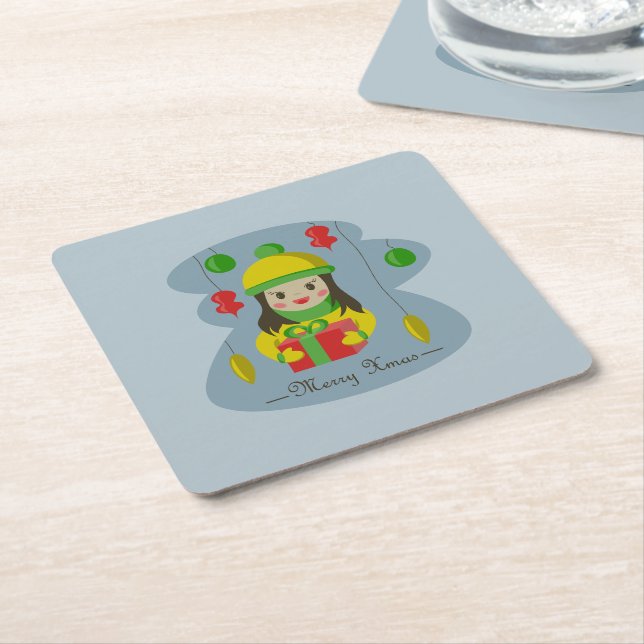 Girl with Christmas gift box  Square Paper Coaster (Angled)