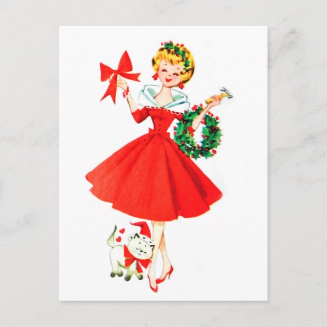Girl with Christmas wreath and her little cat Postcard (Front)