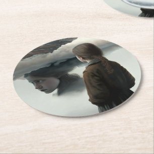 Girl with clouds round paper coaster