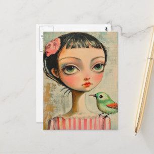 Girl with Cute Green Bird on Her Shoulder Postcard