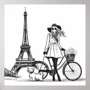 Girl with dog in Paris near Eiffel tower Poster