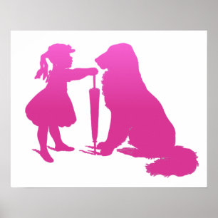 Girl with Dog Nursery Silhouette Gradient Pink Art Poster