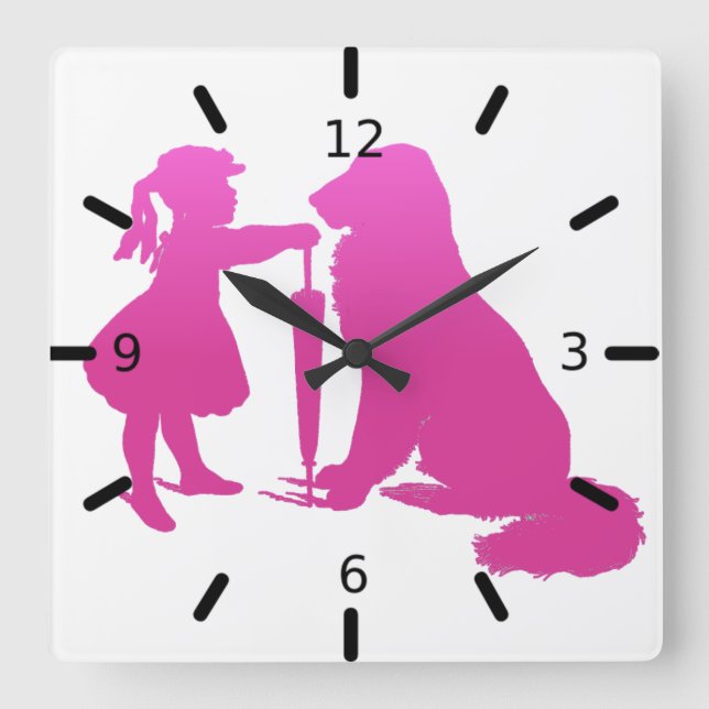 Girl with Dog Nursery Silhouette Gradient Pink Art Square Wall Clock (Front)