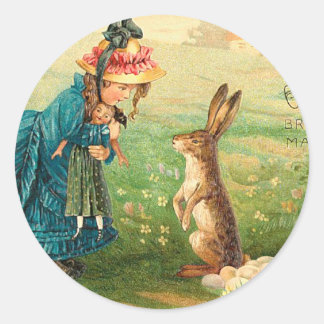 Girl With Doll and Rabbit Vintage Easter Classic Round Sticker