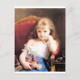 Girl with Doll antique painting Postcard