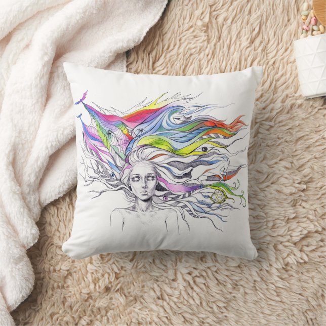 Girl with dreams in her hair Surreal fantasy art Cushion (Blanket)