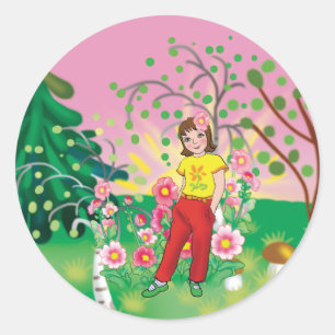 girl with flowers against a landscape background classic round sticker