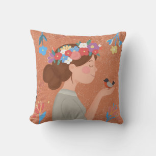 girl with flowers and bird cushion