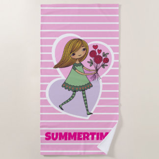 Girl With Flowers Beach Towel