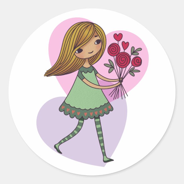 Girl With Flowers Classic Round Sticker (Front)