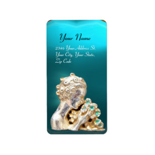 GIRL WITH FLOWERS,gold blue ,turquase,teal Label