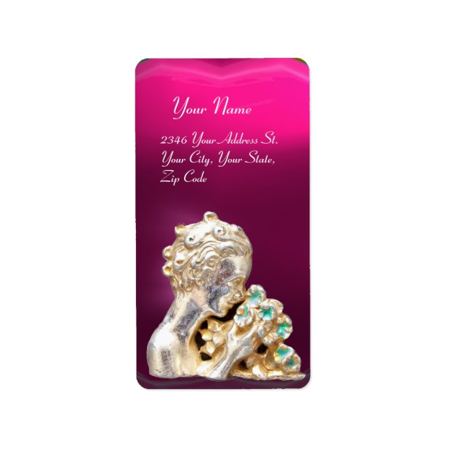 GIRL WITH FLOWERS,gold,pink fuchsia Amethyst Label (Front)