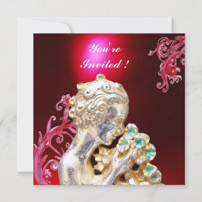 GIRL WITH FLOWERS ,Red Burgundy Ruby Invitation (Front)